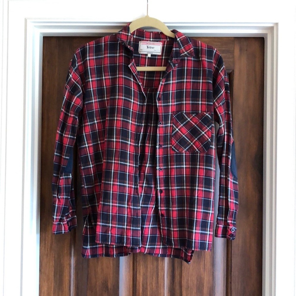 Yerse 100% Cotton Red and Blue Plaid Flannel Button-Up Shirt